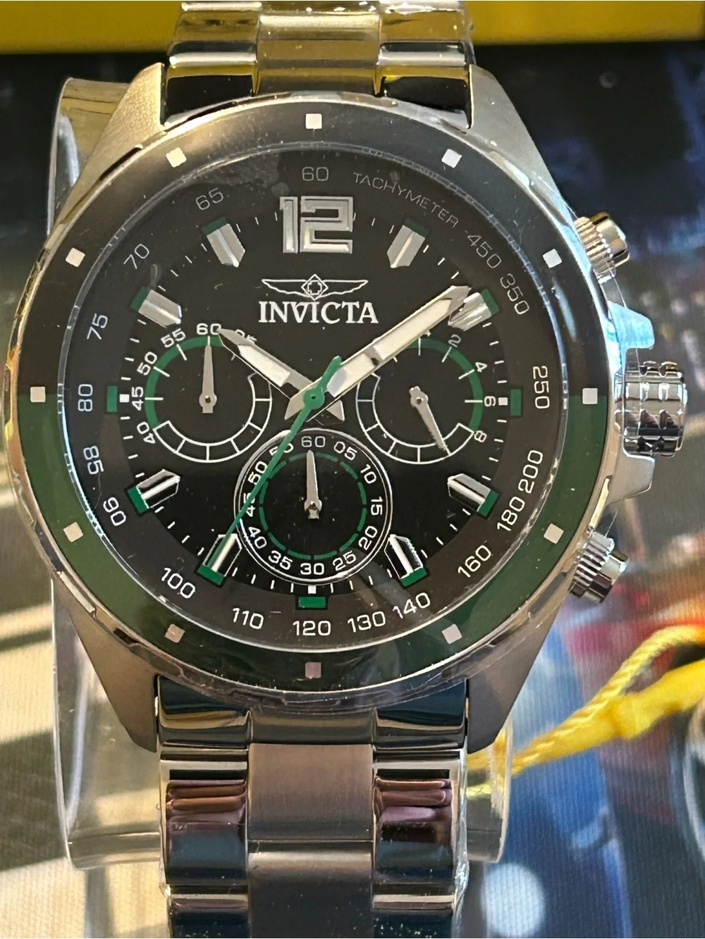 Invicta Speedway 44mm Silver Stainless Steel Watch with Black and Green Dial